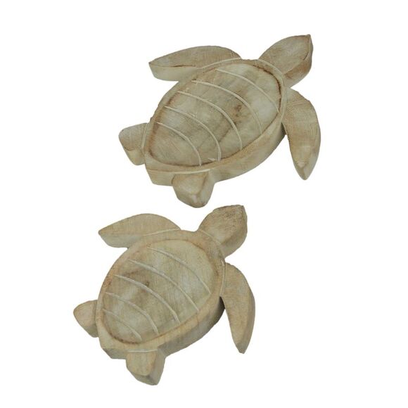 Set of 2 Hand Carved Wooden Sea Turtle Decorative Bowl 8 and 10 Inch - Picture 2 of 5